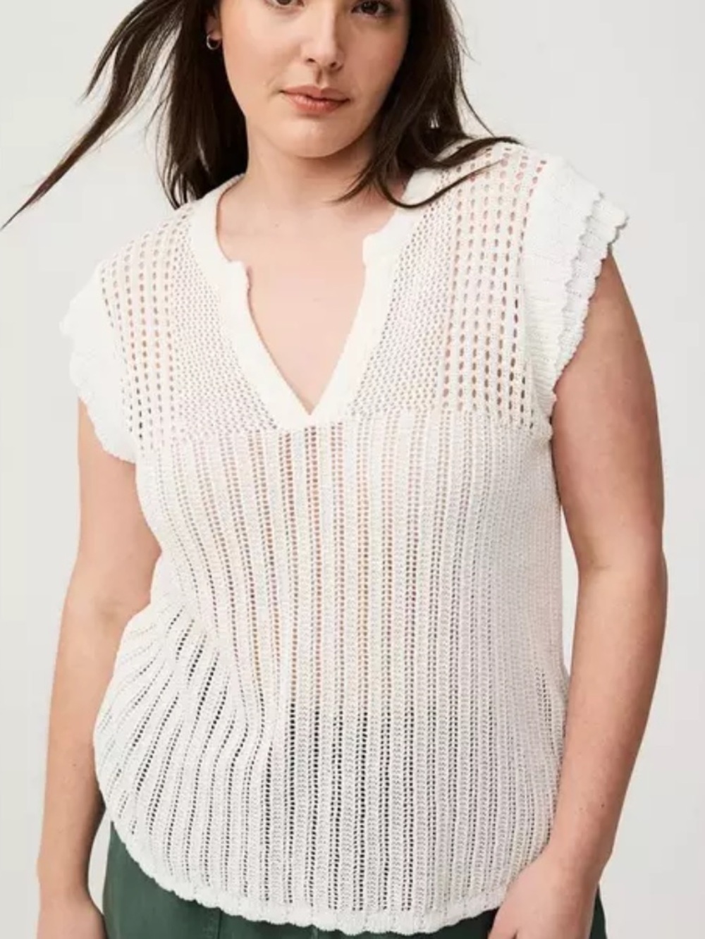 Torrid - Pointelle V Neck, Pullover, Short Sleeves, White, Cotton, Size 5